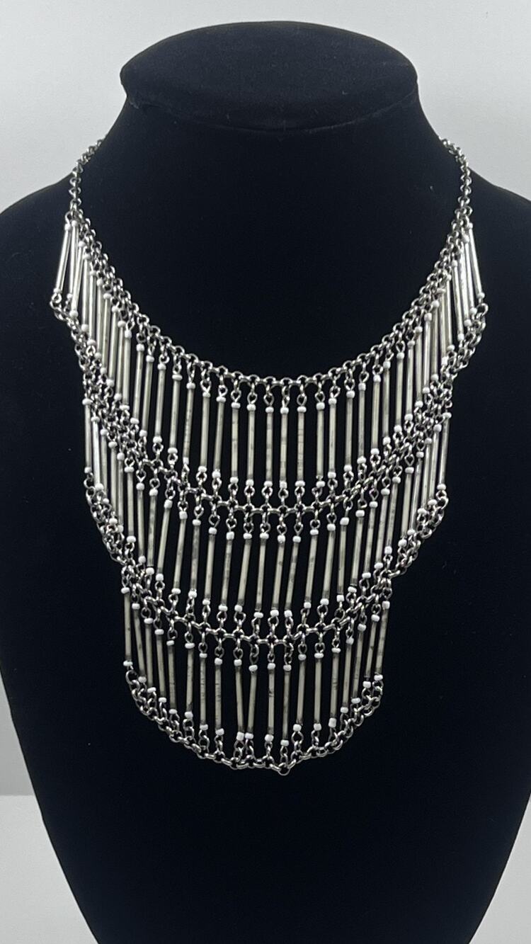 Vintage NYC Silver Tone & White Bold Waterfall Fringe Bib Statement Necklace